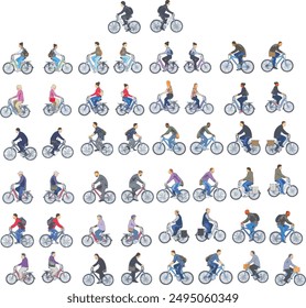 Cycling People Set from Side, Front, and Back Views on White Background - Vector EPS