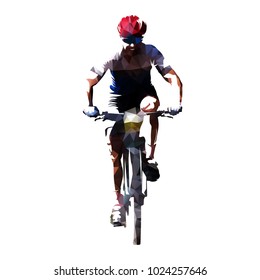 Cycling, polygonal vector mountain biker cyclist on his bike, front view