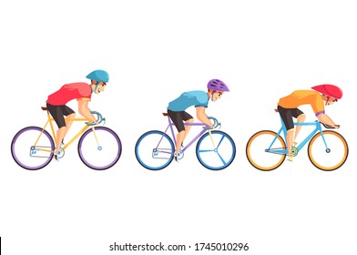 Cycling race Cartoon Color Bicycles Icon Set, Sport Flat Design. Colorful bicycle Vector flat illustration, isolated on white background. Bicycle vector illustration.
