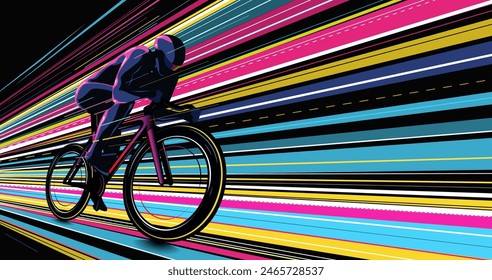 Cycling race competition poster design vector illustration. Cyclist acceleration with colorful motion trails