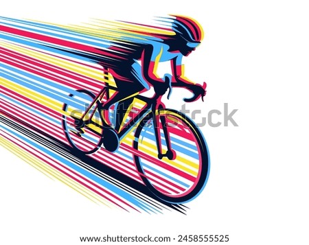 Cycling race competition poster design vector illustration. Cyclist acceleration with colorful motion trails.