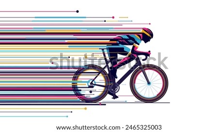 Cycling race competition poster design vector illustration. Cyclist acceleration with colorful motion trails.