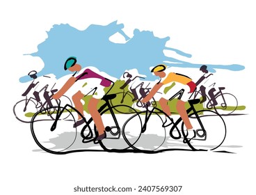 Cycling race, expressive stylized cartoon.
 Illustration of group of cyclists on a road. Continuous Line Drawing. Vector available.	
