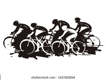 Cycling race, expressive Stylized. Illustration of cyclists in full speed. Imitation of hand drawing. Isolated on white background.Vector available. 
