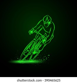 Cycling race. Front view. Vector green neon sports illustration on a black background.