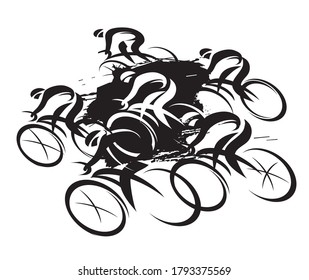 Cycling race, full speed. Expressive stylized black drawing of road cyclists, imitating drawing ink and brush. Vector available.