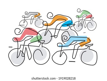 Cycling race, line art stylized.
Stylized Illustration with continuous line drawing design with five bike riders.Vector available.