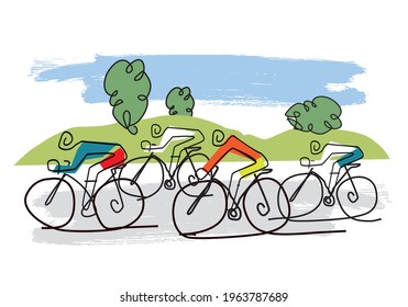 
Cycling race, line art stylized cartoon.
Stylized drawing of road cyclists in a hilly landscape. Vector available.