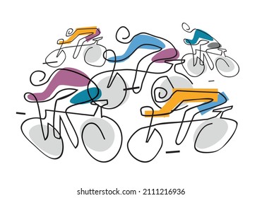 
Cycling race, line art stylized cartoon. 
Illustration of three cyclists on a road. Continuous Line Drawing. Vector available.