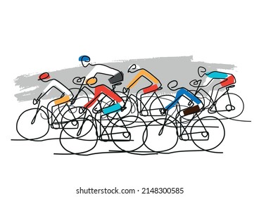 Cycling race, line art stylized cartoon. Illustration of group of cyclists on a road. Continuous Line Drawing. Vector available