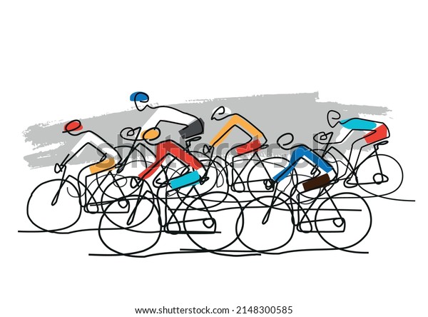Cycling race, line art stylized cartoon.\
Illustration of group of cyclists on a road. Continuous Line\
Drawing. Vector\
available