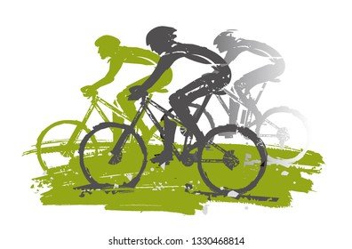 


Cycling race, mountain bikers,expressive stylized.
 Illustration of cyclists in full speed. Imitation of hand drawing. Isolated on white background.Vector available.