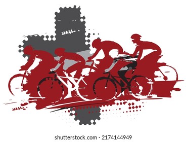 Cycling race, MTB cycling.
Expressive stylized drawing of group of cyclists in full speed. Imitating drawing ink and brush. Vector available.