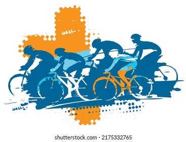Cycling race, MTB cycling.
Expressive stylized drawing of group of cyclists in full speed. Imitating drawing ink and brush. Vector available.