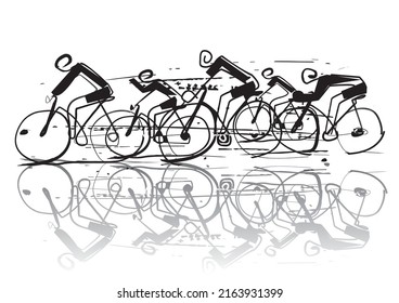 Cycling race in the rain, line art stylized cartoon.
Stylized simple drawing of group road cyclists. Vector available.