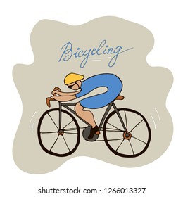 Cycling race stylized background, flat cyclist and hand drawn word bicycling.