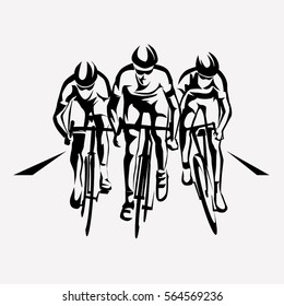 Cycling race stylized symbol, outlined cyclist vector silhouettes