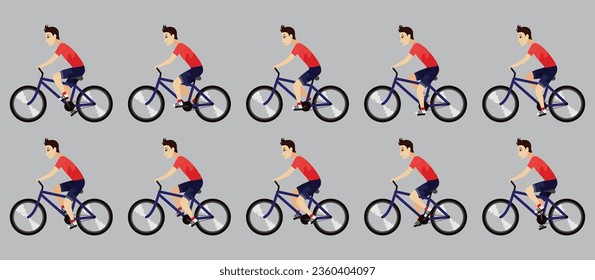 Cycling or riding animation icon set. Sprite sheet of cycling. Animation for game or cartoon. Young man on bike. Vector illustration