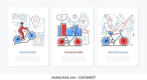 Cycling and riding a bike - line design style banners set with editable stroke and place for text. Mountain biking, city walks, repair shop, active wheel sports, backpack, tourism and adventure idea
