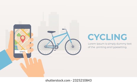 Cycling or riding bycycle with navigator vector. Online map mobile app. Smartphone with gps pins illustration.