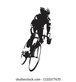 Cycling, road cyclist on his bike, isolated vector silhouette. Ink drawing, front view