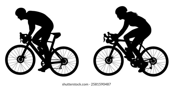 Cycling, road cyclist rides bike vector silhouette, male and female cyclist riding road bicycle