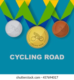 Cycling road sport icon on medal award set with Brazilian color theme designed of ribbon in vector illustration 