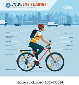 Cycling safety equipment and gear for safe commuting in the city, vector infographic