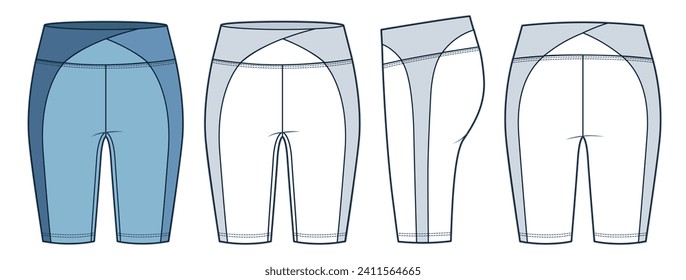 Cycling Shorts fashion flat technical drawing template. Short Leggings technical fashion illustration, front, side, back view, white, blue, women, men, unisex Active wear CAD mockup set.