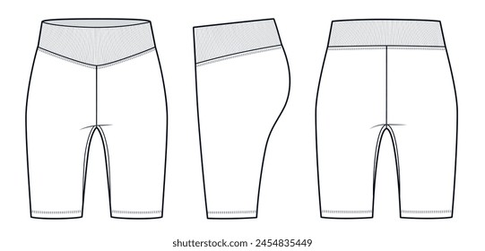 Cycling Shorts fashion flat technical drawing template. Short Leggings technical fashion illustration, high rise, front, side, back view, white, women, men, unisex CAD mockup set.