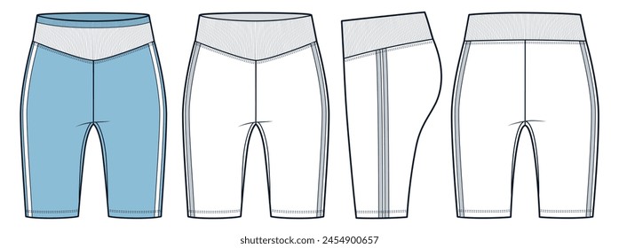 Cycling Shorts fashion flat technical drawing template. Short Leggings technical fashion illustration, striped, high rise, front, side, back view, white, blue, women, men, unisex CAD mockup set.