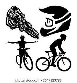 Pacote de vetor de silhueta cíclica. Bicicleta De Montanha, Ciclista De Estrada E Ícones De Capacete.