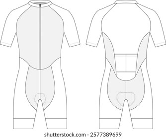Cycling skinsuit one-piece short sleeve technical CAD fashion illustration front and back views 