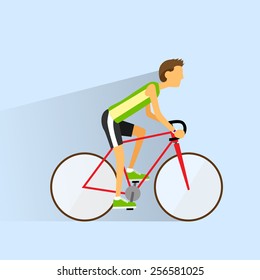 Cycling sport bicycle man, road bike riders flat vector illustration