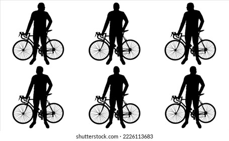 Cycling. Sport. Bicycle Tourism. A Man Stands Next To A Bicycle. View: Bike - Sideways, Man - Looking At The Camera. The Guy With The Bike. Six Black Male Silhouettes Isolated On White Background