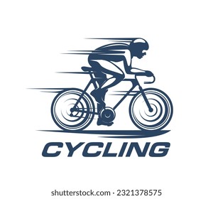 Cycling sport icon, bike racer silhouette or cyclist, bicycle sport team vector sign. Cycling sport tour of bike racing competition emblem with cyclist silhouette in helmet riding in speed line