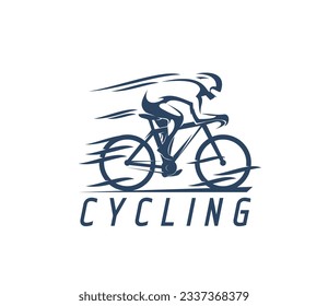 Icono de ciclismo, silueta de ciclismo de carrera de ciclismo y ciclista, símbolo vector. Club de ciclismo de carretera o placa de ciclismo de montaña de ciclista en movimiento rápido para carreras de atletismo de triatlón