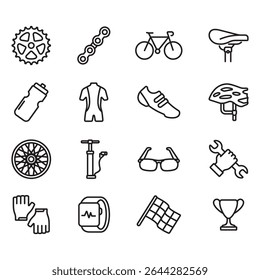 Cycling sport icon set. Thin line vector. Contains icons such as racing bike, chain, tire pump, championship, helmet and more.

