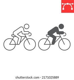 Línea deportiva de ciclismo e icono de glifo, deporte y bicicleta, icono del vector ciclista, gráficos vectoriales, símbolo de contorno de trazo editable, eps 10.