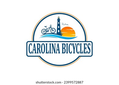 Cycling sport logo on the north carolina coast, with sunset views and lighthouse building.
