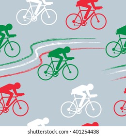 Cycling sport vector seamless pattern - figure of cyclist on bicycle and Italy national flag