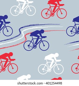 Cycling sport vector seamless pattern - figure of cyclist on bicycle and France national flag