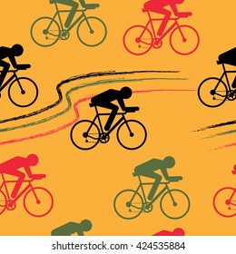 Cycling sport vector seamless pattern - figure of cyclist on bicycle on orange background