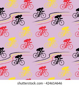 Cycling sport vector seamless pattern - figure of cyclist on bicycle and Belgium and Germany national flag