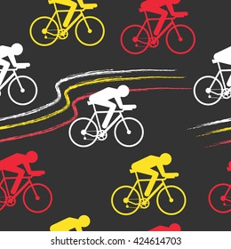 Cycling sport vector seamless pattern - figure of cyclist on bicycle and Belgium and Germany national flag