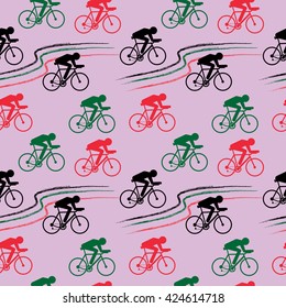 Cycling sport vector seamless pattern - figure of cyclist on bicycle and Italy national flag colors on pink giro background