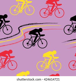 Cycling sport vector seamless pattern - figure of cyclist on bicycle and Belgium and Germany national flag