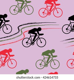 Cycling sport vector seamless pattern - figure of cyclist on bicycle and Italy national flag colors on pink giro background