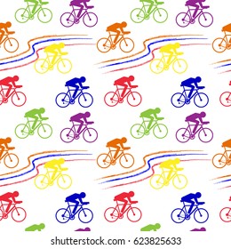 Cycling sport vector seamless pattern - figure of cyclist on bicycle, olympic sport design. Healthy lifestyle concept with silhouette of outdoor sportsman. Background in bright colors.