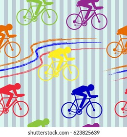 Cycling sport vector seamless pattern - figure of cyclist on bicycle, olympic sport design. Healthy lifestyle concept with silhouette of outdoor sportsman. Background in bright colors.